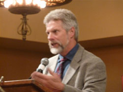 Shakespeare Fellowship president and conference chairman Earl Showerman introduces the Declaration signing event, which he organized himself.