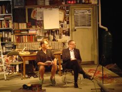 Mark Rylance and Dr. William Leahy of Brunel University, on the set of “I Am Shakespeare”