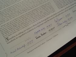 Signatures on the Declaration: Sir Derek Jacobi signed last